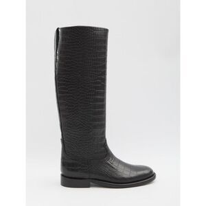 PARIS TEXAS Croc Embossed Leather Knee High Boots Women BLACK